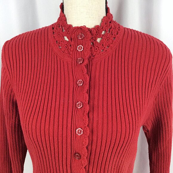 April Cornell Cardigan Sweater Womens Medium Red Ribbed Floral Crochet Button Up - Picture 5 of 9